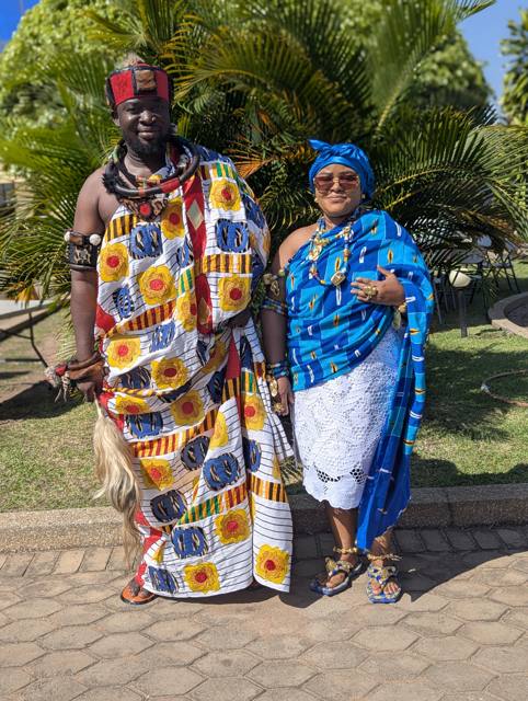 Togbe Edzeani V with Mama Biase II, Divisional Queen Mother of Fodome Agbesia, in blue.